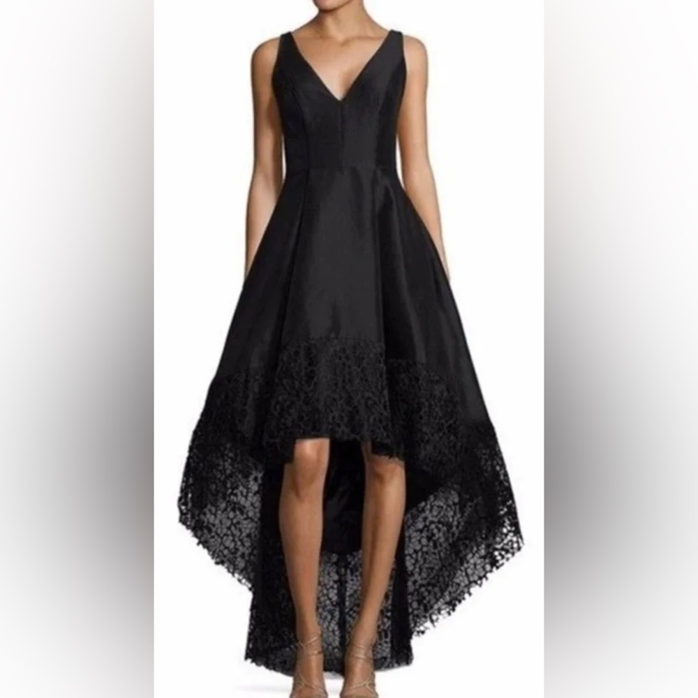 Betsy & Adam Black High-Low Lace Hem Cocktail Dress